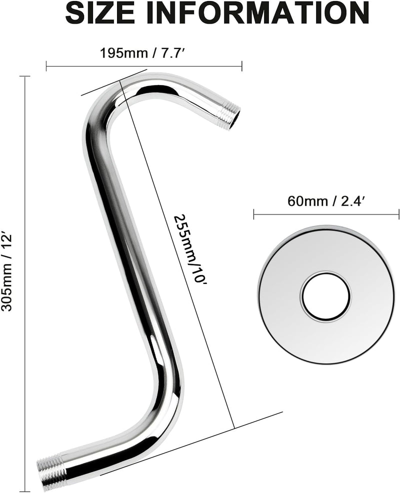 NearMoon S Shaped Shower Head Riser Pipe, Shower Head Extender Arm with Flange, Standard 1/2" Connection- Bathroom Accessory, 12 Inch (1 Pack, Chrome)