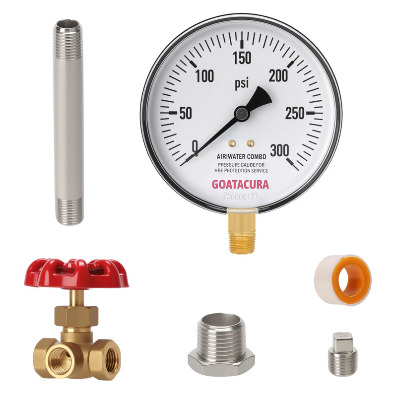 Air/Water Pressure Gauge Kit, 0 to 300psi Pressure Guage, 3-Way Valve, Stainless Steel Nipple, Plug and Reducer, for Fire Protection Service 0-300psi&3-Way Valve&Pipe Fittings