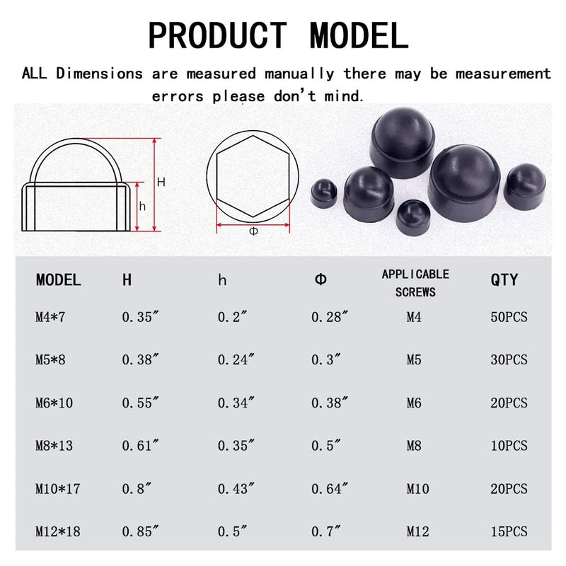 145 Pcs Screws Bolt Covers Caps, Hex Head Dome Bolt Covers, Plastic Bolt Caps, Screw Caps Covers, Hexagonal Screw Bolts Cover Protection Caps for Matching, M4 M5 M6 M8 M10 M12