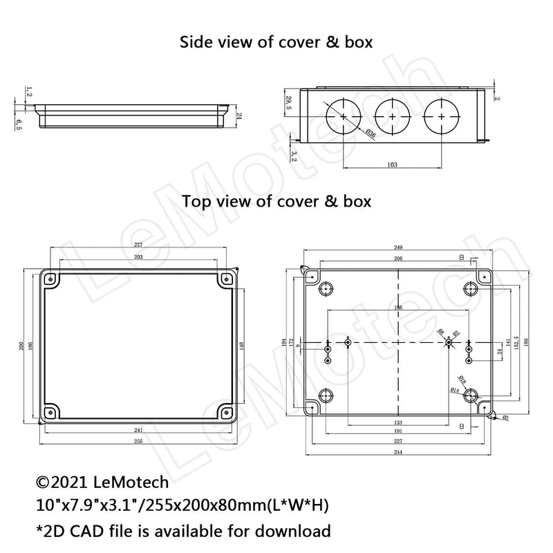 LeMotech Junction Box, ABS Plastic IP65 Waterproof and Dustproof, Universal Electrical Enclosure, Outdoor and Indoor Project Box 10 x 7.9 x 3.1 inch (255 x 200 x 80 mm) 10" x 7.9" x 3.1" (1pc)