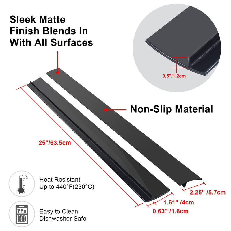 Silicone Stove Counter Gap Cover (2 Pack),Easy Clean Heat Resistant Wide & Long Kitchen Stove Gap Filler,Seals Spills Between Counters, Oven, Stovetops, Washing Machines, Washer, Dryer(25in, Black) 25 inches
