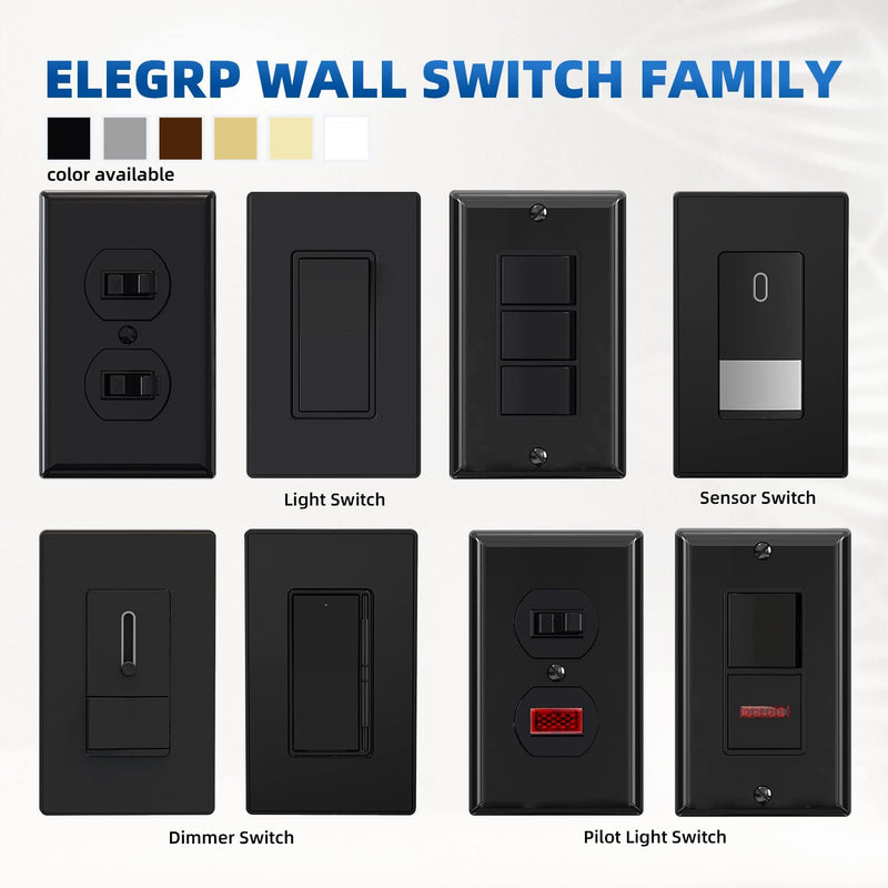 ELEGRP Matte Black Single Pole Decorator Light Switch, 15Amp, 120/277V, Decorative Paddle Rocker Switch Replacement, On/Off Wall Switch, Self-Grounding, Residential/Commercial Grade, UL/CUL (5 Pack) Without Wall Plate 5