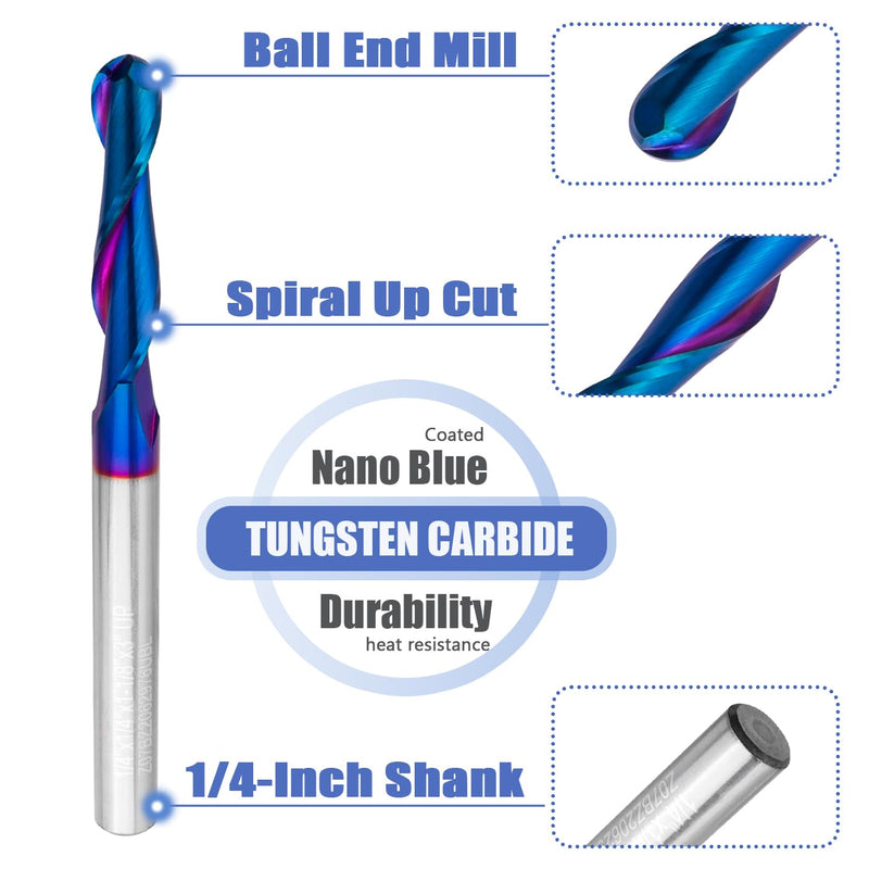 Mesee Ball Nose End Mill CNC Router Bit 1/4 Inch Shank Carbide Ball Nose Spiral Upcut Router Bit 1-1/8" Cutting Length Nano Blue Coating Ball End Milling Bit Woodworking Carving Tool, 1/4" Cutting Dia
