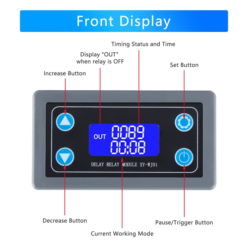 XY-WJ01 Delay Relay Module Timer Delay Relay Module DC 6-30V 12V 24V 0.01s-9999min 50mA Digital Timer Delay Period Switch Module AC 220V Power On-Off Controller LCD Display Switch Button