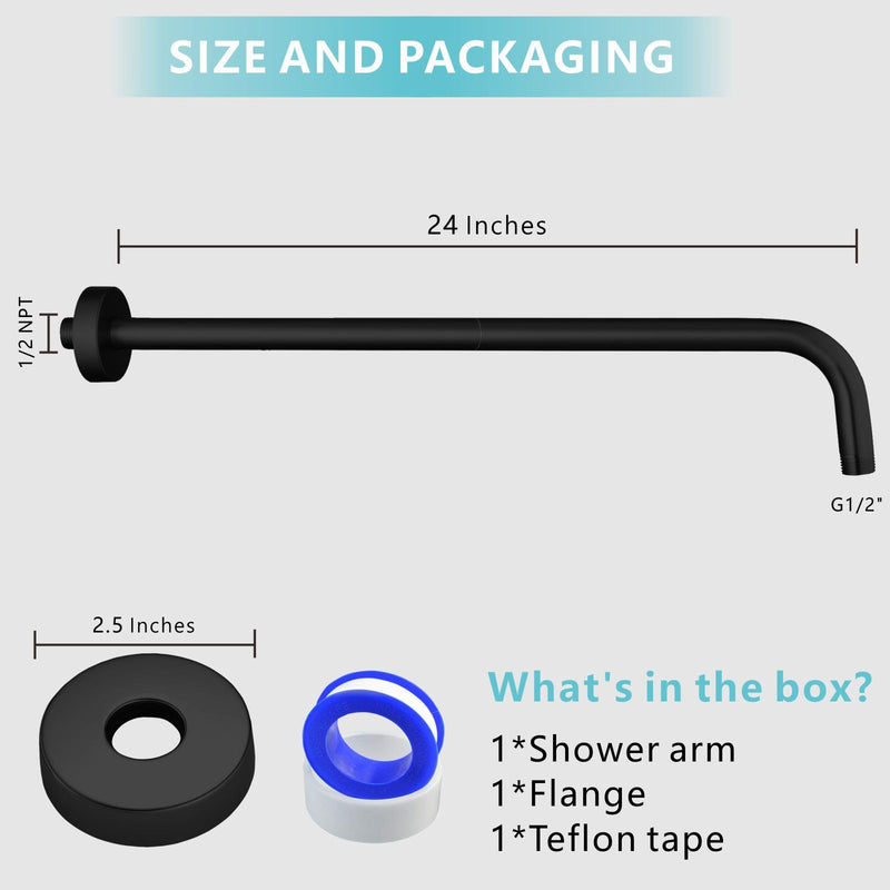 Shower Arm with Flange, 24 Inches Wall Mount Replacement Extension Showerhead Arm For Fixed Shower Head, Matte Black 24 Inch