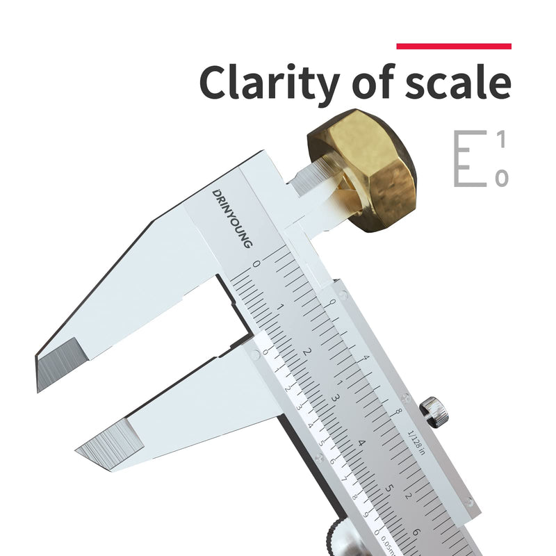 Vernier Caliper Calipers Measuring Tool Micrometer Carbon Steel Inch/Metric 0-6" Range 1/128 Inch Dual Reading Scale Professional High Accuracy Metal Vernier Caliper Gauge 0-6" L DRINYOUNG 0-6‘’L