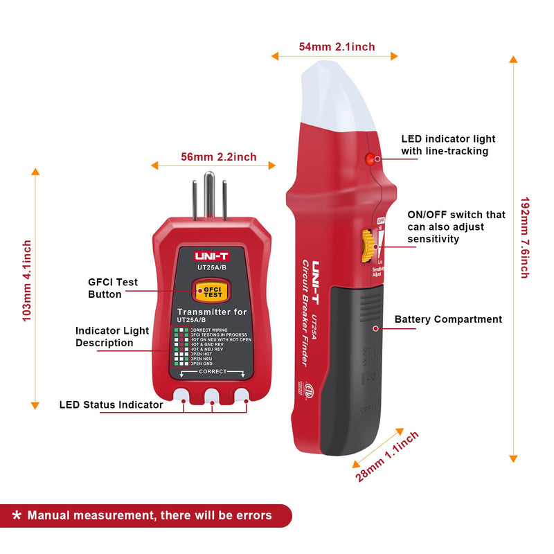UNI-T AC Circuit Breaker Finder and Tracer Tool Kit with Electrical Integrated GFCI Outlet Tester, AC 90-120V USA Plug + Adjustable Sensitivity Beeper Indicattion+ Flashing LED Light - UT25A