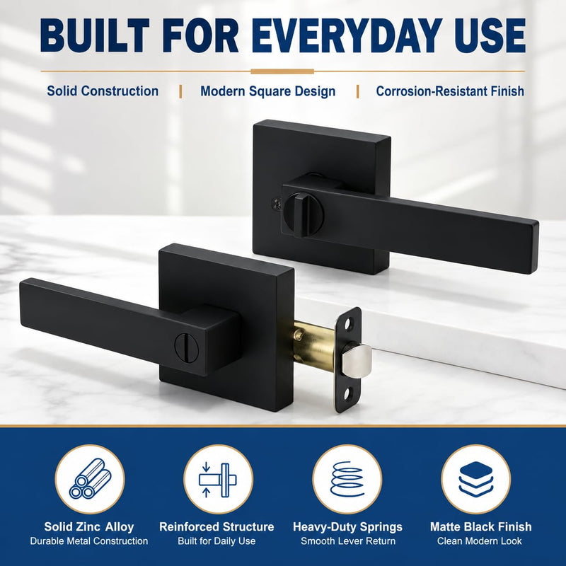 Matte Black Privacy Door Levers Interior 6 Pack, Modern Square Door Handles with Lock, Keyless Emergency Release for Bedroom & Bathroom, Reversible, Fits 1-3/8" to 1-3/4" Door Thickness