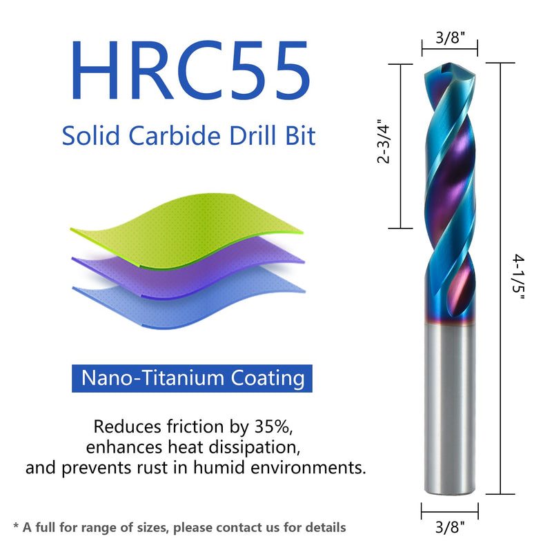 ‌AYCHOLIZ 3/8" Carbide CNC Drill Bit - 55 HRC 120° Point, Straight Shank Short-Length for Hardened Steel/Cast Iron, CNC Machines Only (Not for Hand Drills) 3/8 in