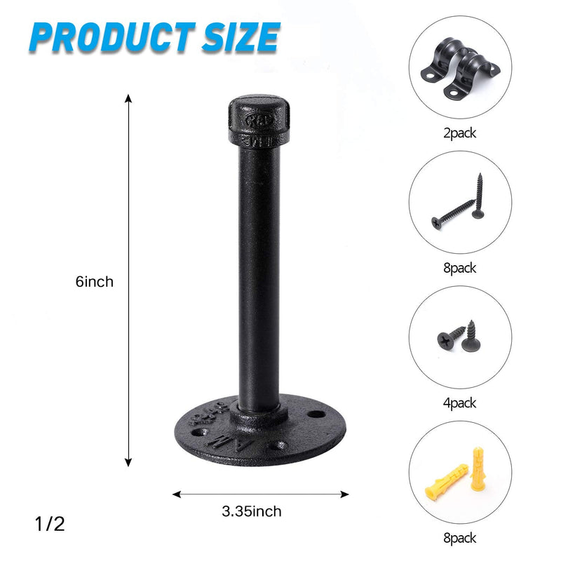 1/2" Industrial Black Iron Pipe Shelf Brackets, Rustic Wall Mounted DIY Shelving Brackets Hanging Custom Pipe Brackets for Floating Shelves (2, 6") 2 6 Inch