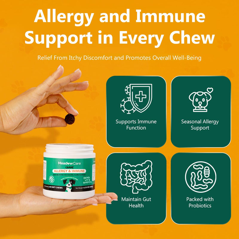 Allergies & Immune Support for Dogs | Canine Seasonal Allergy Relief & Healthy Immune System Support | Packed with Probiotics and Turmeric | 60 Soft Chews180 g (6.35 oz) | Meadowcare