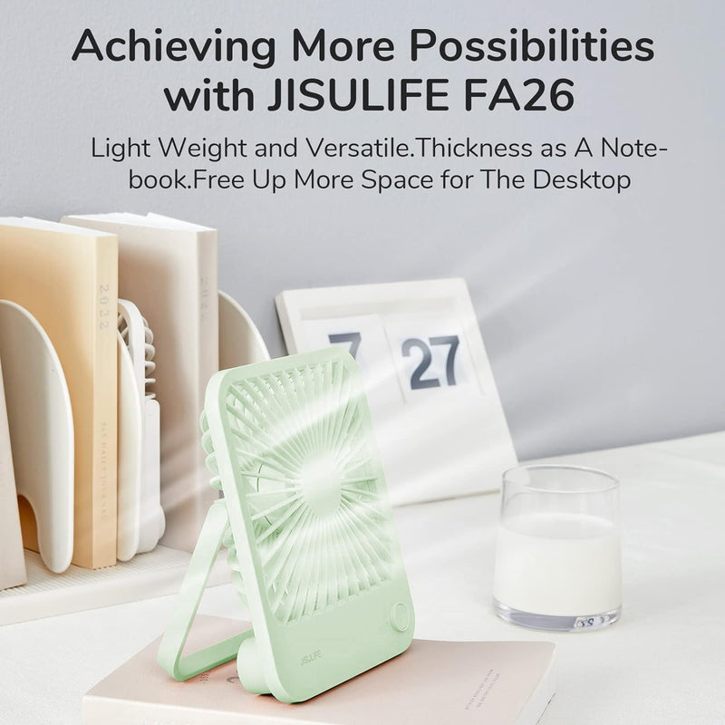 JISULIFE Desk Fan Battery Rechargeable, 4500mAh 180°Foldable Portable Personal Fan, 4 Speeds Adjustable Long Battery-life for Home Office Travel Outdoor Gifts for Women Men-Green Green