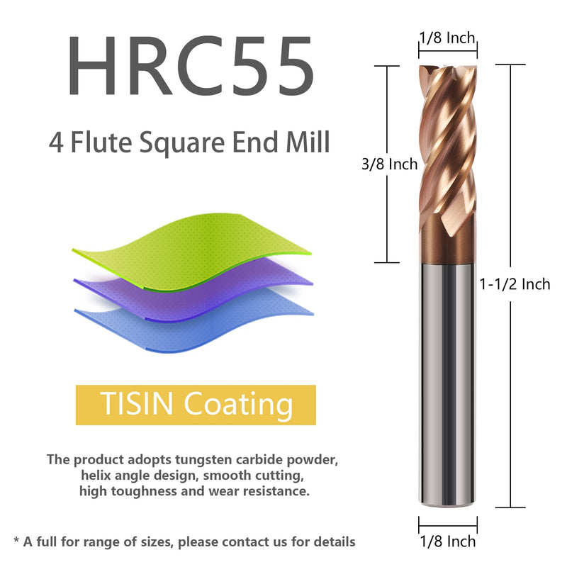 5PCS Carbide Square End Mills 1/8" Tungsten Steel Flat End Mills 4 Flute CNC Milling Bits Cutter for Alloy Steel High Alloy Cast Iron-HRC55 - TISIN Coated 1/8 in 5