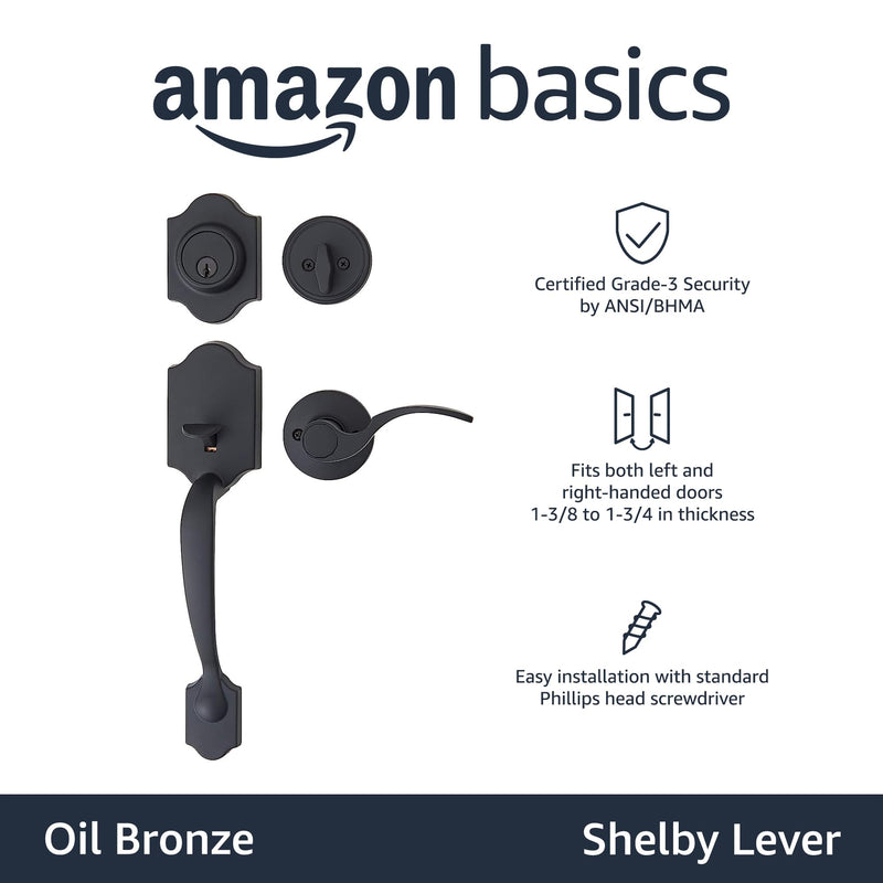 Amazon Basics Front Door Lock Set, Handleset with Shelby Lever, Level Door Handle, Exterior, Single Cylinder Packs, Oil Bronze, 1-Pack 1 Pack