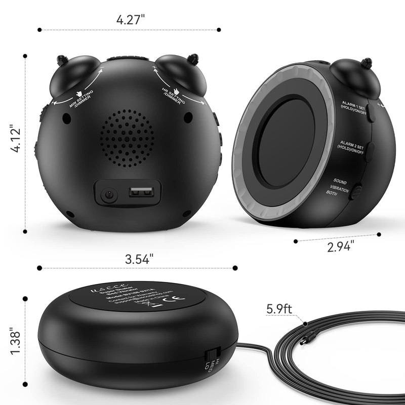 uscce Loud Dual Alarm Clock with Bed Shaker - 0-100% Dimmer, Vibrating Alarm Clock for Heavy Sleepers or Hearing Impaired, Easy to Set, USB Charging Port, Snooze, Battery Backup Black