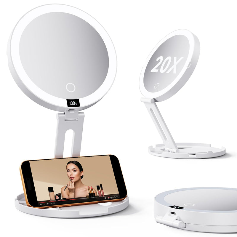 Travel Makeup Mirror with Lights (Gen 3) - 20X/1X Dual Sided Magnifying Mirror with Digital Power Display - Rechargeable, 3 Color Dimmable, CRI 95+ - Portable Folding Design White