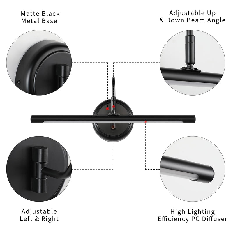 JOOSENLUX Picture Lights for Paintings Hardwired 16.5" Inch Long Dimmable Black Wall Lights with Adjustable Lighting Direction 110V 3000K 16.5" Long Dimmable