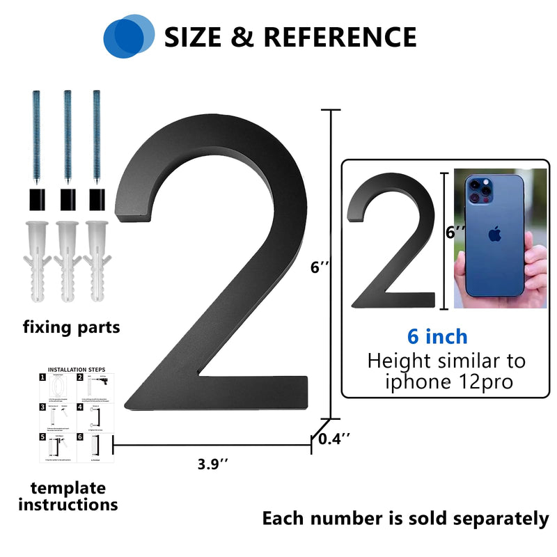 House Numbers for Outside, 6 inch Modern Floating Address Numbers for Front Door, Street, Apartment, Farmhouse, High Visibility Numbers Enhance Home's Exterior Charm, Black(House Numbers 2) House Number 2