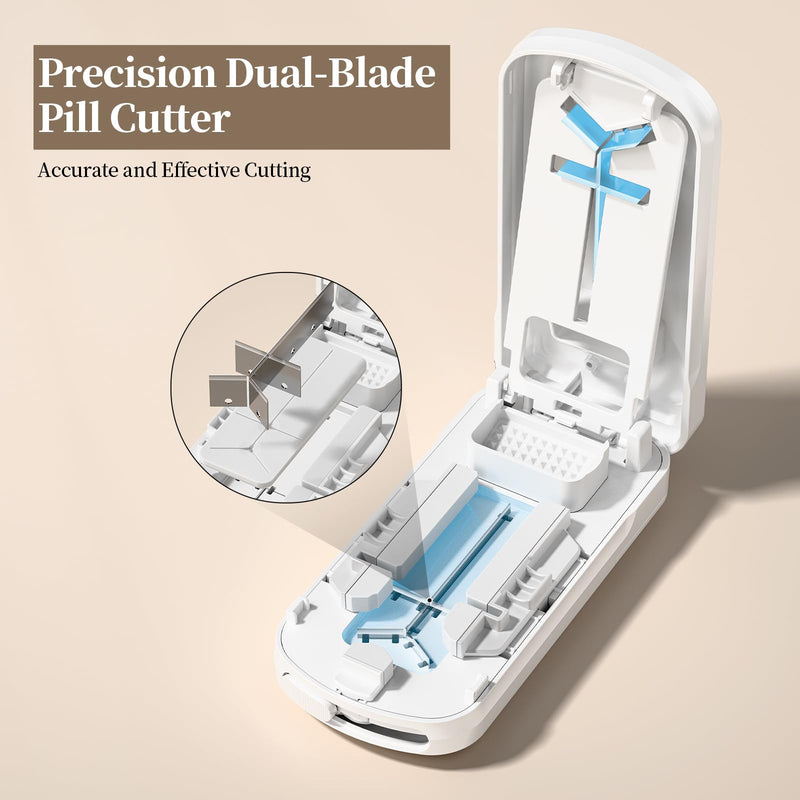 Daviky Pill Cutter Splitter for Small & Tiny Pills, Dual Safety Blades, Adjustable Centering Slot, Precise 1/2 1/3 1/4 Tablet Cutter, Built-in Storage, Portable & Senior-Friendly White