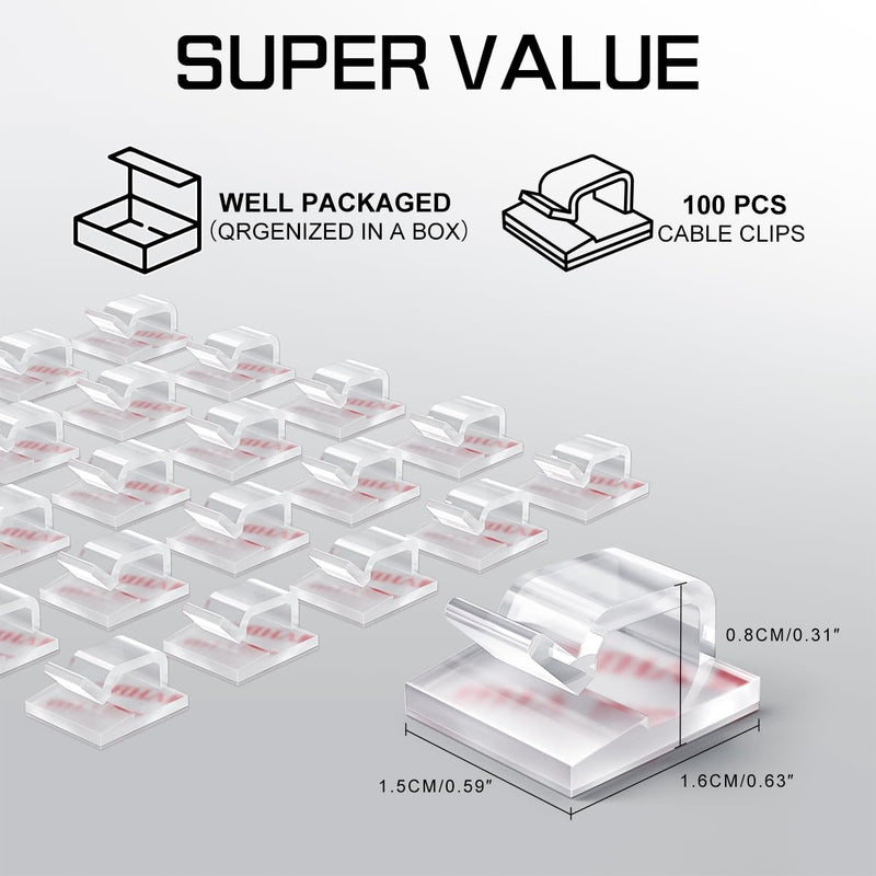 100PCS Cable Clips, Adhesive Wire Clips Strong Cord Clips Wire Holders, Cable Management Clips for Desk, Wall, Car, TV, Ethernet Cable (Clear, Small) Clear