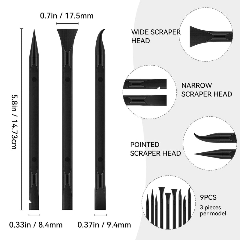 9 Pieces Plastic Scraper Tool for Tight Spaces, Non-Scratch Kitchen Scraper Cleaning Pen, Perfect for Remove Stickers, Labels, Oil Stains, Food, Dirt (Black)