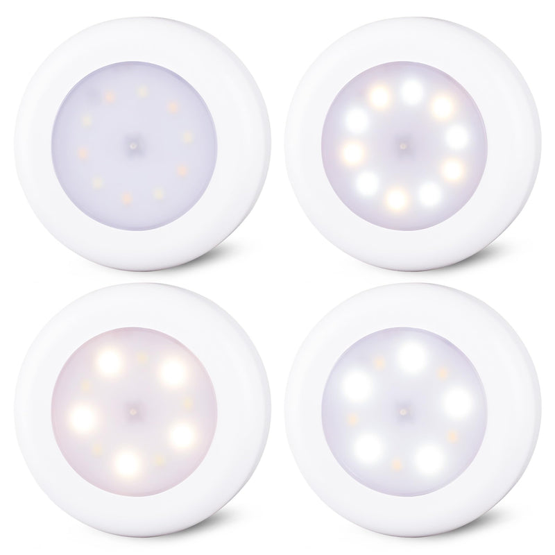 STAR-SPANGLED 4 Pack 3.1” Dimmable Push Tap Lights, Stick on LED Touch Puck Lights AA Battery Operated, 3 Color Modes Sticky Button Lamps for Classroom, Kitchen, Under Cabinet, Closet 3 Color Modes & Dimmable