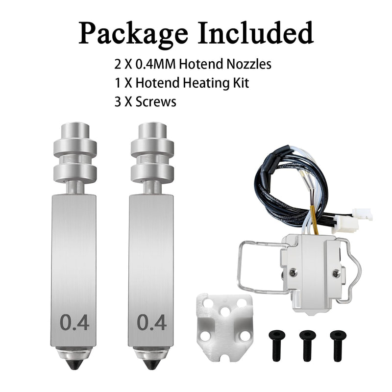 1PK Kobra X Hotend Heating Assembly Kit & 2PK 0.4MM Hardened Steel Nozzle | Wear-Resistant Integrated Nozzles, Ceramic Zirconia Insulated Base, 2200°C Heat-Resistant with Thermistor & Heater Cartridge