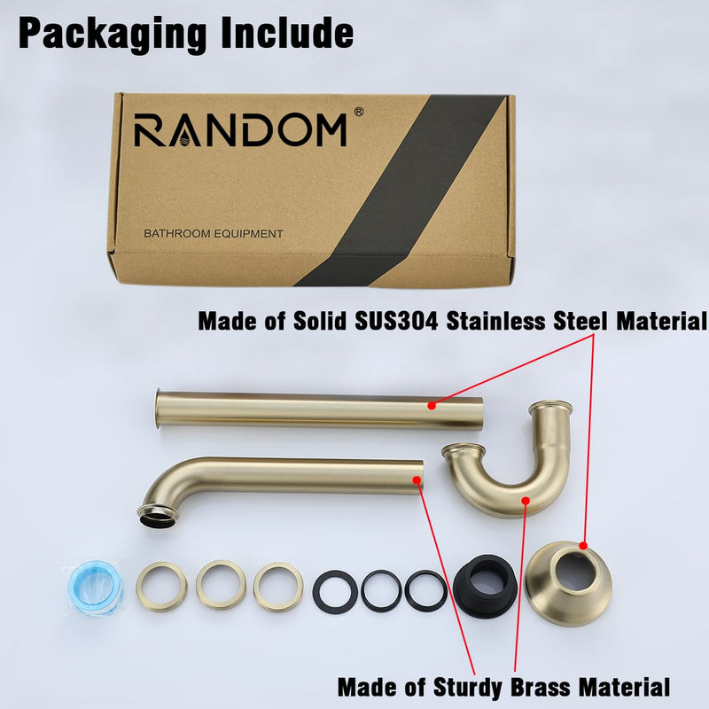 RANDOM Brass P Trap Bathroom Sink U-Shape 1-1/4 inch Sink Trap with Slip Joint Extension Tube,Adjustable Height Sink Waste Drain Bottle P-Trap Kit,Brushed Gold Basin Sink Plumbing.RD83555BG-L Brushed Gold