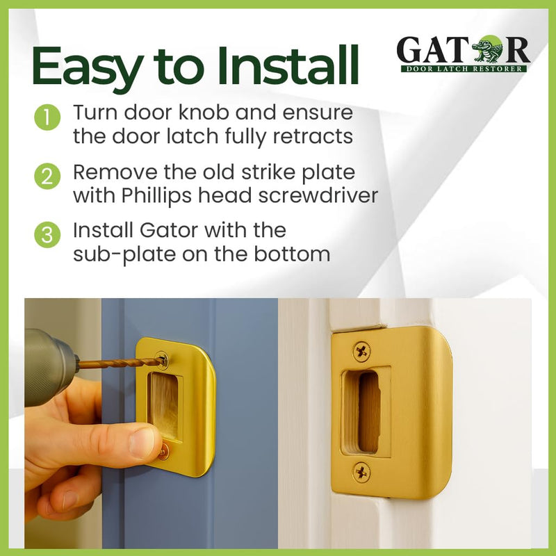 Gator Door Strike Plate with Screws, – 2-1/4" by 1-3/4" Universal Latch Restorer Alloy Steel Lock Hardware for Interior and Exterior Doors, Replacement Door Latch Plate | Bright Brass 4-Pack