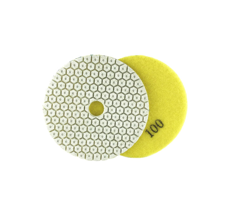 4 Inch New Model Dry Diamond Polishing Pads Grit 100, 1 Box of 6 Piece Dry/Wet Marble Buffing Pad for Granite Quartz Concrete Stones(Need Water for Hard Tile) 4 Inch Yellow,100
