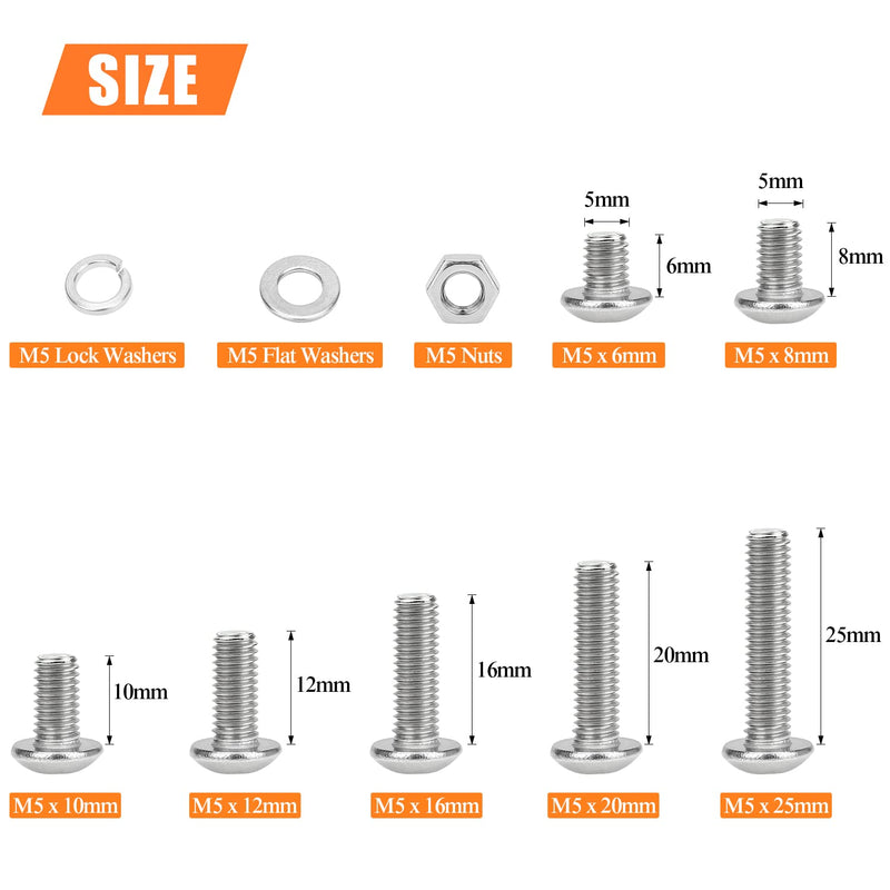 240 Pieces M5 x 6mm /8mm /10mm /12mm /16mm /20mm /25mm, Button Head Socket Cap Screws Bolts Washers Nuts Kit, 304 Stainless Steel