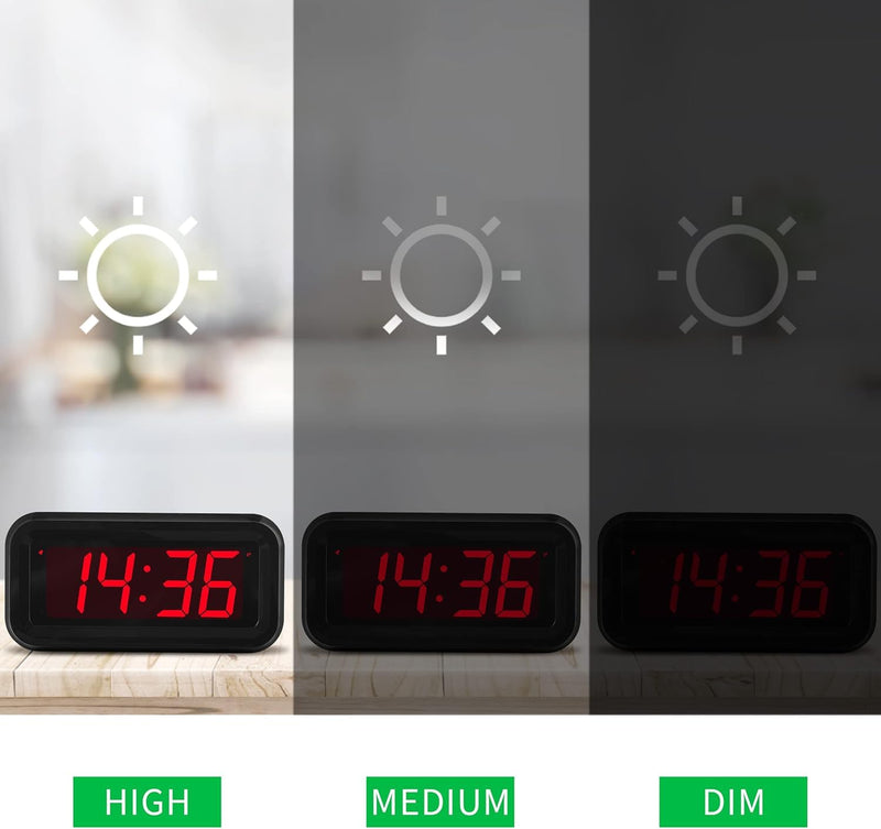 Alarm Clock, LED Digital Clock, Small Wall Clock, Battery Operated, Adjustable 3-Level Led Brightness, Dim Night Mode, 12/24Hr, Cordless, Constantly 1.2'' Digits Display for Bedroom/Travel,Easy to Set Black Case-red Led