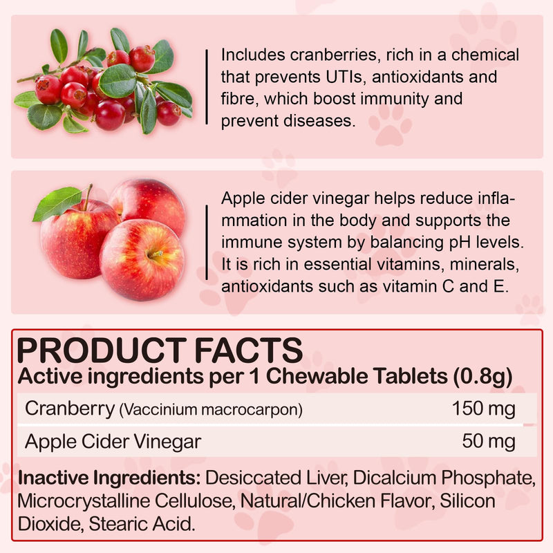 Cranberry for Dogs, 180P Cranberry Urinary Tablets for Dogs - Supports Bladder Infection, Urinary Tract, Bladder Stone & Dog UTI, Pet Supplement Treats for Dogs, Chicken Flavor - 180P Chewable Tablets 5.1OZ - PawsPlanet Australia