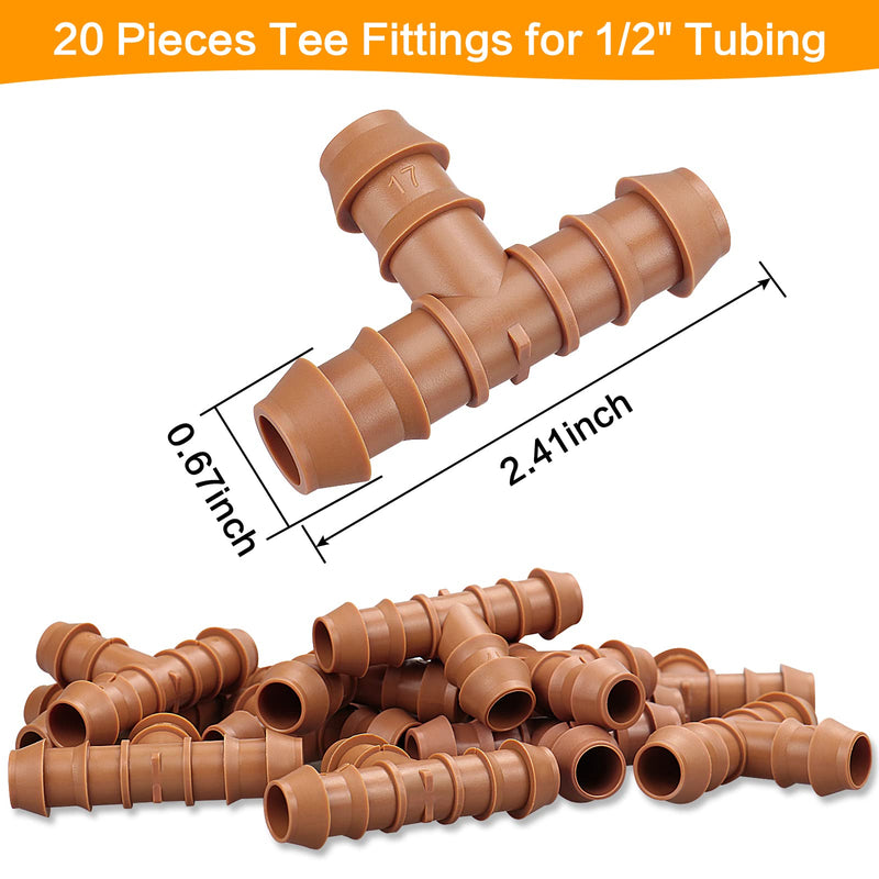 20 Pieces Drip Irrigation Fittings Tee Connectors for 1/2" Tubing, Barbed T 3 Way Connectors for 1/2 Inch Irrigation Tubing(0.600" ID), Drip Line Tees for Drip Sprinkler Garden Lawn Systems 17mm Tees-20P