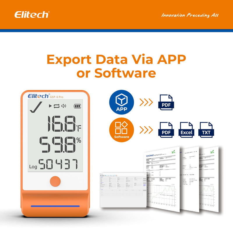 Elitech Bluetooth Hygrometer Thermometer Data Logger Temperature Humidity with Shadow Data 100000 Points Data Storage Export, Pharmacy Vaccine DDL Calibration Certificate, MAX MIN AVR MKT GSP-6Pro GSP-6Pro, T&H Probe 1