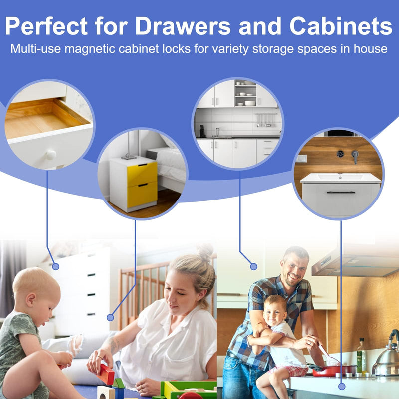 Magnetic Cabinet Locks Baby Proofing - 10 Locks & 2 Keys, No Drill Adhesive Safety Latches for Cabinets & Drawers, Child Proof Lock for Kitchen, Strong Magnet Key to Open, Easy Installation