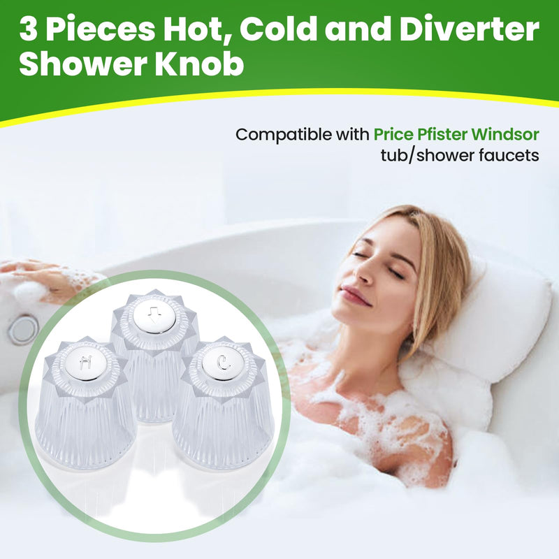 Shower Knobs 3 Piece Replacement Compatible with Price Pfister Windsor Tub and Shower Faucets, Shower Faucet Handle Replacement, 3 Pieces Hot Cold and Diverter Shower Handles Replacement,Clear Acrylic
