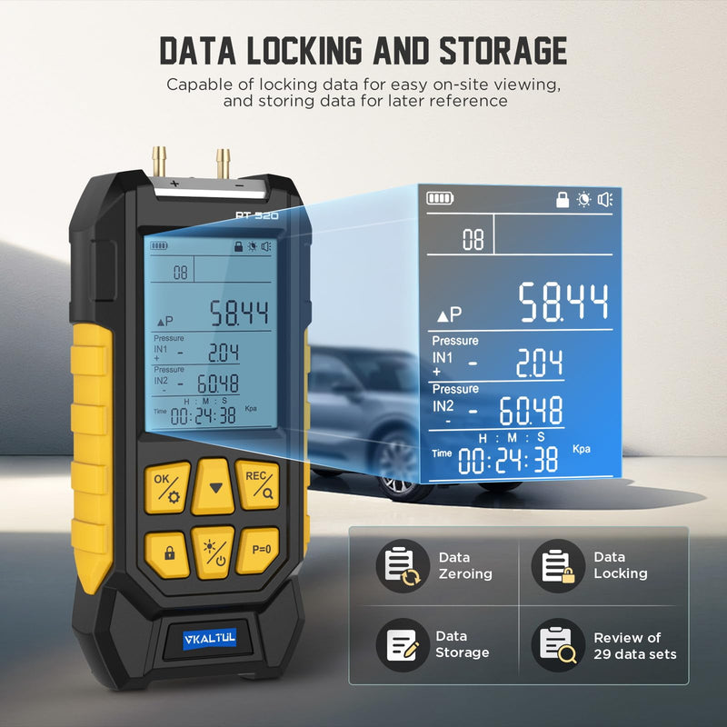 Dual-Port HVAC Manometer with 7 Adapters, 10 Units Switch, Data Locking & Storage, -100~200Kpa, Magnetic Back, Backlit Display Screen Manometer Gas Pressure Tester, PT520
