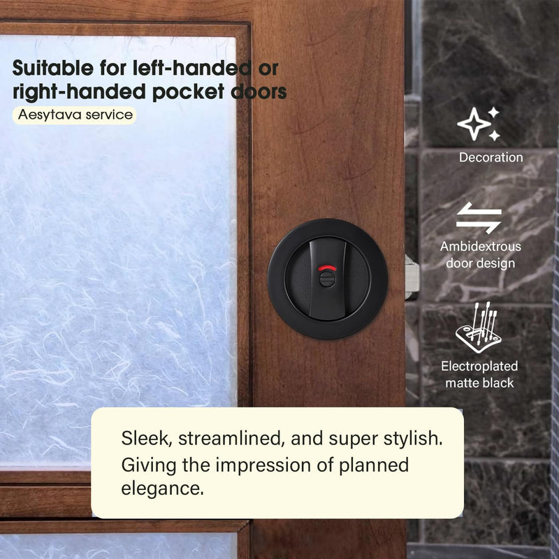 Matte Black Pocket Door Hardware with Indicator, Heavy Duty Round Pocket Door Lock, Pocket Door Hardware Black, Solid Pocket Door Hardwares for Bathroom(1 Pack) 1 Pack 2 3/8" Backset Matte Black