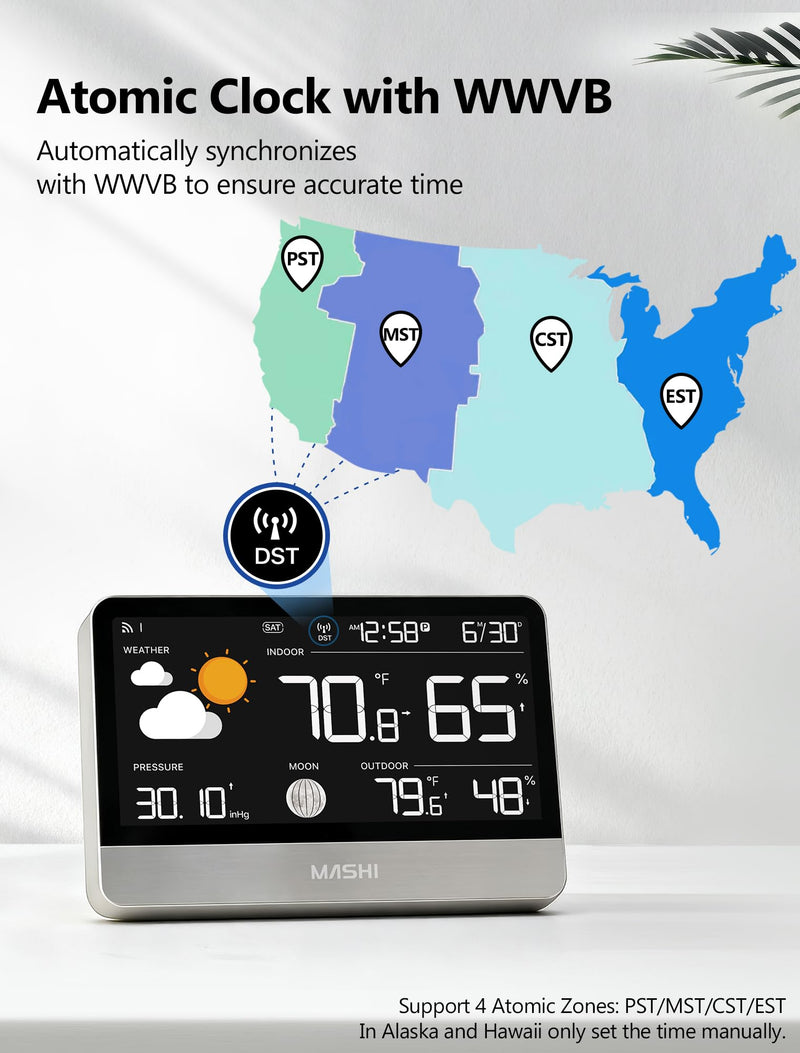 MASHI Weather Station Wireless Indoor Outdoor Thermometer, Digital Weather Thermometer with Atomic Clock,8.8" Display Home Weather Stations with Weather Forecast, 5-Level Brightness,Silver
