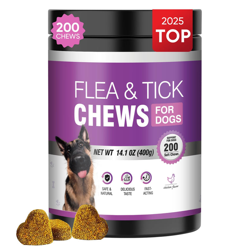 Dog Flea and Tick Treatment Chewable 200 Treatment Chews Natural Soft Chew Fleas Ticks Treatment Dog Oral Chewables Support Supplement Breeds and Ages Dogs Chicken Flavor