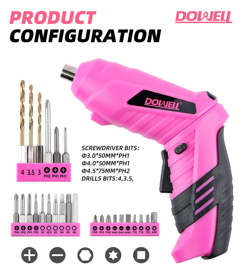 DOWELL Pink Electric Screwdriver Set, Tools with 3.6V Screwdriver for Women