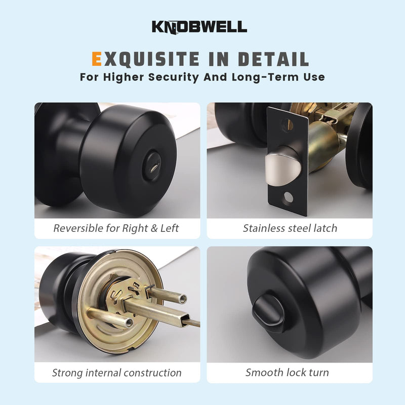 KNOBWELL 4 Pack Privacy Door Knob with Lock, Bedroom/Bathroom Door Knob, Matte Black Interior Door Knobs, Keyless Stainless Steel Door Handle, Black Round Doorknobs