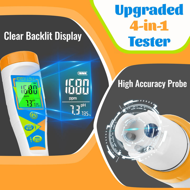 Digital pH Tester for Water pH EC PPM Meter for Hydroponics Nutrients with 1413μs/cm Calibration Solution pH Conductivity TDS Temperature Monitor Meter for Indoor Plant, Pool, Drinking Water EC Meter with Calibration Fluid