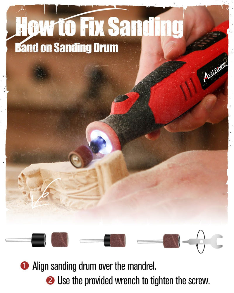 AVID POWER Cordless Rotary Tool 2.0 Ah 8V Rechargeable Rotary Tool, 4 Front LED Lights, 5 Speeds, 60 Pcs Rotary Tool Accessories with Bag for Carving, Engraving, Sanding, Polishing and Cutting - Red