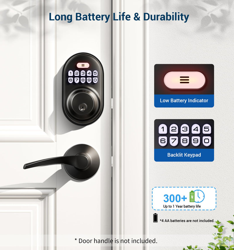 Veise Keyless Entry Door Lock, Electronic Keypad Deadbolt, Keyed Entry, Auto Lock, Anti-Peeking Password, Back Lit & Easy Installation Design, Matte Black