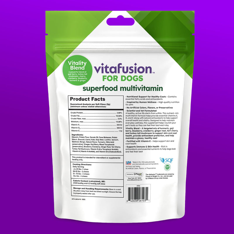 VitaFusion for Dogs Superfood Multivitamin – Daily Immune, Skin & Bone Support with Vitamins A, D & E + Antioxidant Superfoods – Vet Formulated Wellness for Puppies to Senior Dogs, 120 Chews.