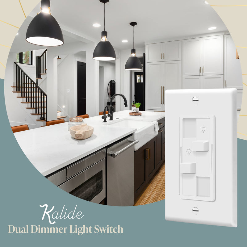 TOPGREENER Kalide Dual Load Dimmer Light Switch, Double LED Dimmer Switch, Full Range Dimming, Single Pole, 120VAC, 60Hz, 200W LED/CFL, Neutral Wire Not Required, TGDDS-W, White 1 Pack