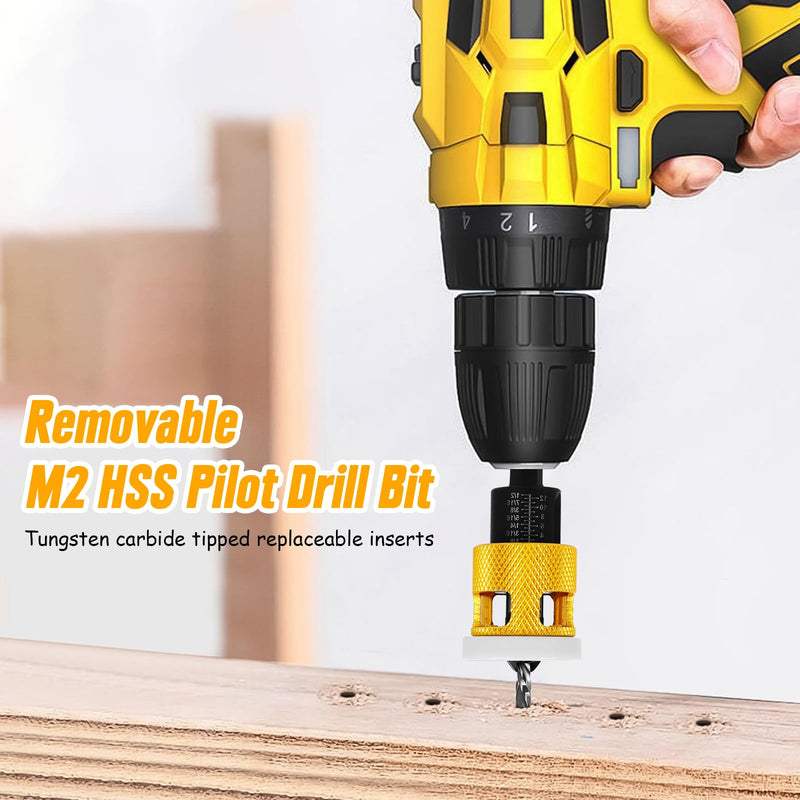 Countersink Drill Bit Set for Wood, 7Pcs Counter Sink Drill Bit Set with Adjustable Depth Stop and 1/4" Quick Change Hex Shank, Replaceable HSS M2 Bits Tapered Head for Woodworking