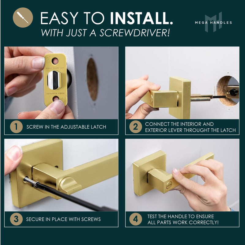 Mega Handles Schein Privacy Door Handle - 1 Pack Interior Reversible Gold Door Handle, Heavy Duty Bed & Bath Door Handles with Privacy Door Lock, Fits All Standard Doors - Satin Brass